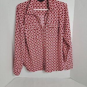 Adrienne Vittadini Women's Red White Black Geometric Button Up Top, L